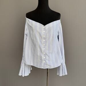 Free people blue and white striped off the shoulder button up  crop top - size S